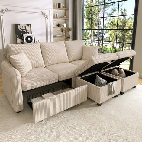 Sofá rinconero modular de 3 plazas con 2 pufs de almacenaje, beige DESVIAE (1/5)