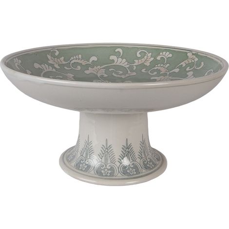 Présentoir à Gâteau sur Pied en Porcelaine Blanc et Vert, Plat de Service Ø 32 x 15 cm - PANGIVO (1/3)