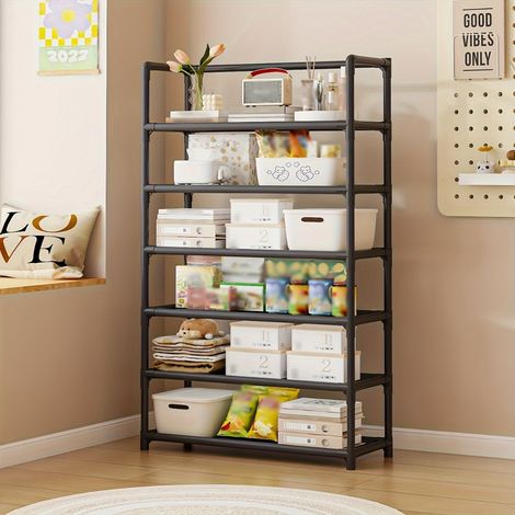 Étagère verticale à 6 niveaux, bibliothèque chambre à coucher structure métallique, de style rustique pour snacks, salon, noire . (1/4)