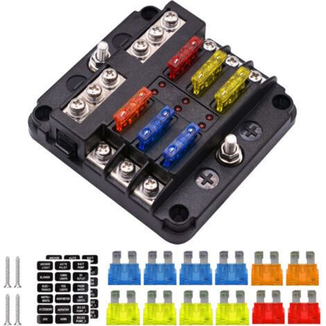 Portafusibili impermeabile 4x6 vie con 16 fusibili a lama, 6 indicatori LED e coperchio protettivo – 12V/24V per auto e barche.