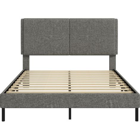 Cadre de lit 140 x 190 cm - Gris - Avec sommier et tête réglable, lit double rembourré en lin et rangement au-dessous - Pour chambre - Design pratique (1/5)