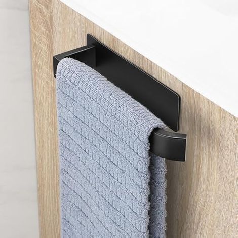 Porte Serviette Salle De Bain sans Percage, Adhesif Porte-Serviettes Mural, Acier Inoxydable Support Serviettes Towel Holder Brossé Noir (1/5)
