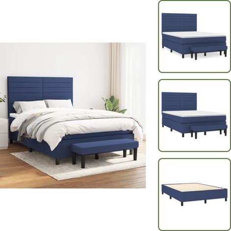 Sommier à lattes de lit avec matelas Bleu 140x200 cm Tissu - Lit Double - Lit Plateforme - Matelas Ressorts Ensachés - Têtière Ajustable - Banc Rangement (1/5)