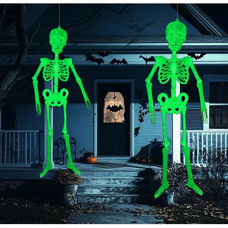 Décoration Halloween, 2 Pièces Squelette Fluorescent Articulations Flexibles Suspendues Squelette Lumineux 150cm et 90cm