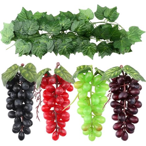 4 bouquets de raisins artificiels avec 3 brins de vigne artificielles à suspendre pour mariage, jardin, maison, fête, cuisine, étagère à vin murale (1/5)