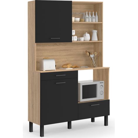 Idmarket – Buffet de cuisine 120 cm CINA – 3 portes et 1 tiroir – Façade hêtre et noir – Rangement optimisé pour micro-ondes et ustensiles