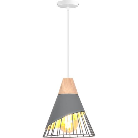 Suspension Luminaire Moderne Industrielle Bois Lustre Abat-jour Métal Vintage forme Cage Ø25cm Plafonnier E27 Design pour Cuisine Chambre Salon (Gris-1pcs) [Classe énergétique A]