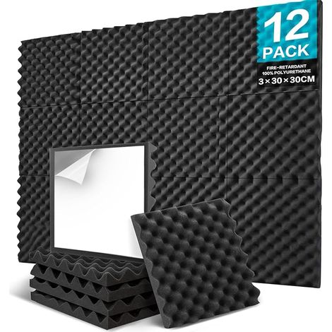 Lot de 12 panneaux insonorisants auto-adhésifs, Panneaux acoustiques 30 x 30 x 3 cm, Panneaux muraux en mousse acoustique haute densité pour studio d'enregistrement, bureau à domicile, chambre