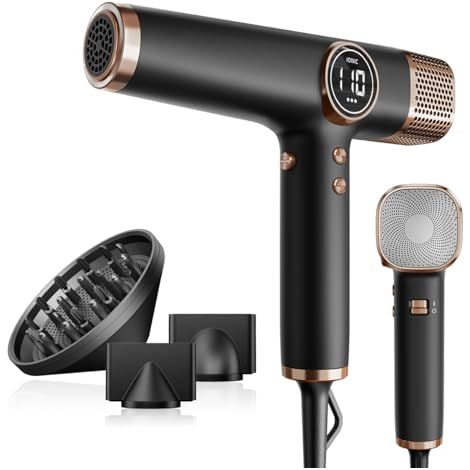 Faszin Sèche-cheveux Professionnel et Léger avec Moteur 110 000 RPM, Séchage Rapide, 200 Millions d'Ions, Faible Bruit, Écran LED et 3 Buses Magnétiques, Idéal pour la Maison et le Salon