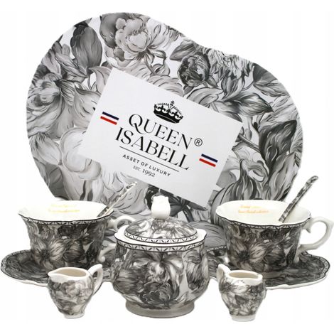 Juego de tazas de porcelana con azucarero y lecheras, colección Rosa Gris (1/5)