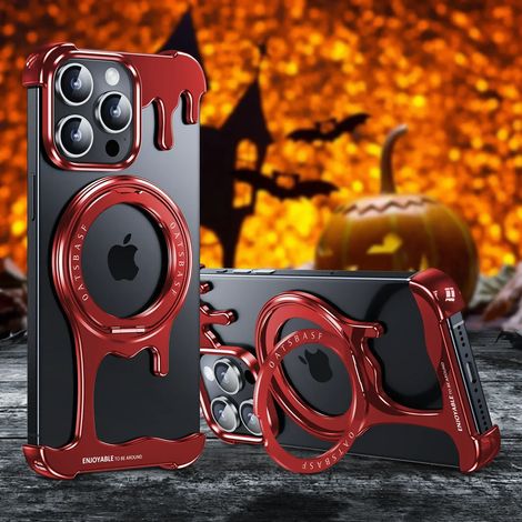 Coque de téléphone en métal (iPhone 16 Pro rouge) avec support MagSafe et fixation magnétique rotative à 360°