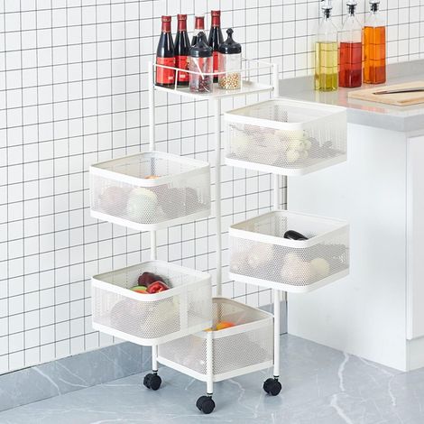 Étagère de rangement rotative pour cuisine, panier carré coulissant à 5 niveaux avec roues, étagère de rangement rotative-BLANC (1/4)