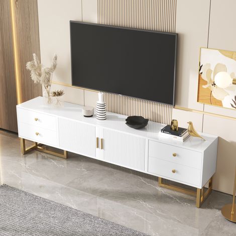Meuble TV avec 4 Tiroirs et 2 Portes, Charnières Amorties et Pieds en Métal Doré, Style Moderne, en MDF, 175×30×46 cm, Blanc (1/5)