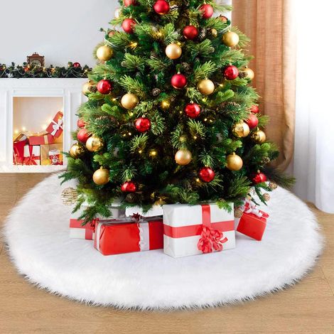 Tapis de sapin de Noël luxueux en fausse fourrure, décorations de Noël brodées de flocons de neige argentés, installation facile et réutilisable, fabrication impeccable. (1/5)