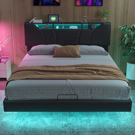 Sureh – Lit coffre 160 x 200 cm – Tête de lit avec rangement et port USB – Éclairage LED – Mécanisme hydraulique pour rangement sous le lit – PU noir (1/5)