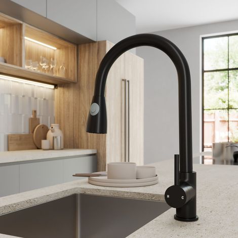 ArtiKitch Pull Out Kitchen Mixer Tap Dual Spray Swivel Spout Hose Single Lever Matt Black (1/5)