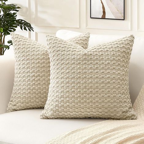 Lot de 2 Decorative Granulaire Housse de Coussin en Velours Côtelé Canapé Taie d'oreiller Géométrique Douce pour Maison Salon Chambre Canapé 50x50 cm Beige (1/3)