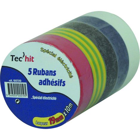 TEC HIT 100519 - Lot de 5 Rubans Adhésifs - Spécial Électricité - Longeur 10 m x 19 mm - Multicolore