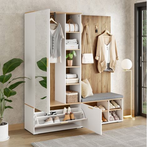 Appendiabiti da ingresso con specchio, asta telescopica, 4 ganci e panca porta scarpe, 160x38x180 cm, grigio e bianco (1/5)