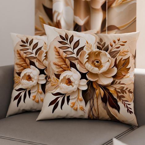 Lot de 2 Taies d'Oreillers 40x40 cm 100% Microfibre Hypoallergénique, Housse Oreiller Rectangulaire Motif Floral Marron Crème, Paquet de 2 (1/3)