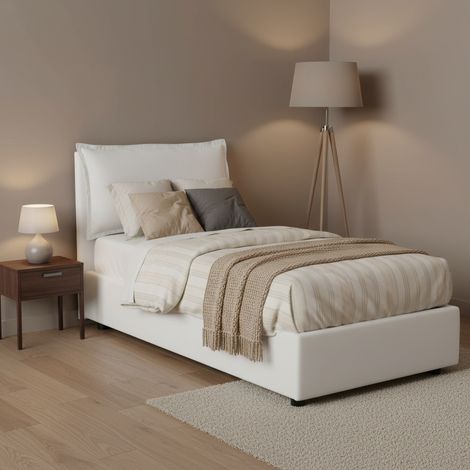 Talamo Italia - Letto singolo Aphrodite, Letto contenitore con rivestimento in tessuto, 100% Made in Italy, Apertura laterale, adatto per materasso Cm 80x190, Bianco (1/5)