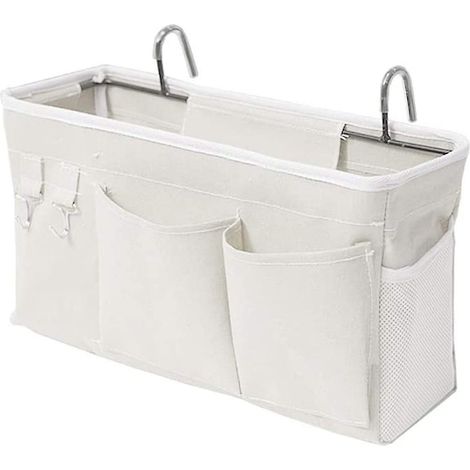 Organisateur de lit avec crochet métallique, sac de rangement suspendu pour lit mezzanine, idéal pour livres, magazines, téléphone portable et écouteurs (blanc) (1/5)