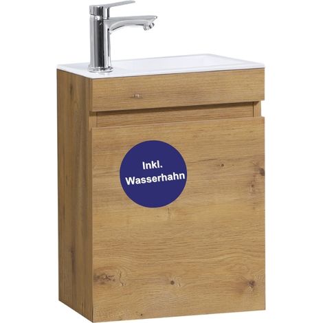 Kometmöbel Gäste-WC Waschtisch Set 40 cm Vormontiert Klein Waschbecken mit Unterschrank (Eiche 40cm, Mit Wasserhahn Chrom) (1/5)