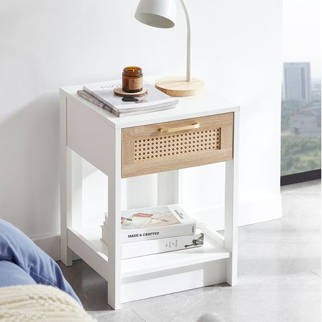Table de chevet 40x40x55 cm blanc et naturel, 1 tiroir, style rotin, structure en MDF MEUBLIV (1/5)