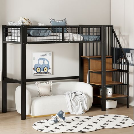 Bett Hochbett Aufbewahrung 90x200 Metall Schwarz OKMYHOME (1/5)