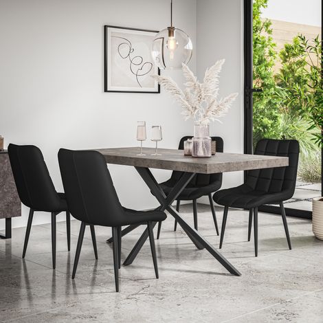 Donni Dining Table And Chairs - Grey Table Top w Black Legs + Nova Faux Leather Dining Chair Set Of 6 (Black) (1/5)