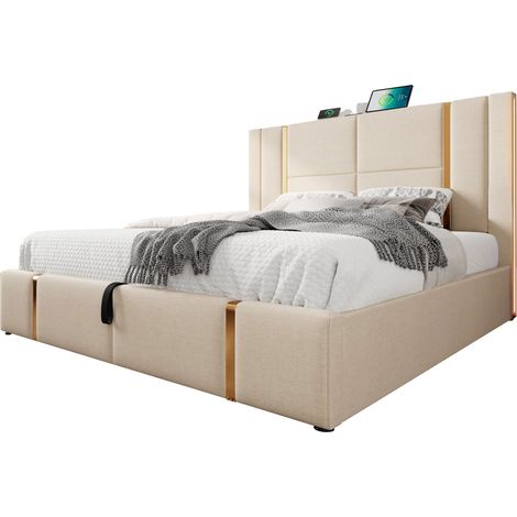 Lit coffre 160x200 avec LED RGB, ports USB et USB-C, tête de lit capitonnée, rangement relevable, tissu beige, sommier bois inclus, idéal chambre adulte CHICFURN (1/5)