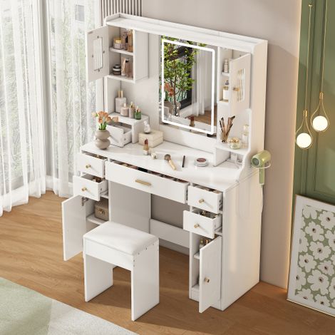 Grande table de beauté avec éclairage LED réglable et prises, table de beauté avec miroir, 6 tiroirs et 4 portes pour la chambre, blanc, mesure 105×152×40 cm