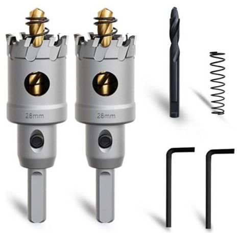 Ensemble de 2 scies cloches en carbure de tungstène de 28 mm avec mèche de guidage nitrurée supplémentaire et clé en L pour l'acier, le fer, l'aluminium et le métal.