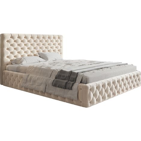 Emporius – Lit double Chesterfield 180x200 – Tiroir de lit – Tissu velours imperméable – Sommier à lattes – Design glamour beige (1/5)
