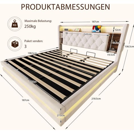 Cama tapizada de 180 x 200 cm con espacio de almacenamiento, cama de terciopelo con cabecero multifuncional, iluminación LED, 2 puertos USB y Tipo-C, mecanismo hidráulico, somier de láminas y estantes (1/5)