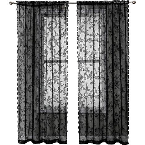 Rideaux en dentelle noire 100 x 200 cm - Ensemble deux pièces - Broderie florale vintage, voilage - Convient pour la décoration de la chambre et du salon