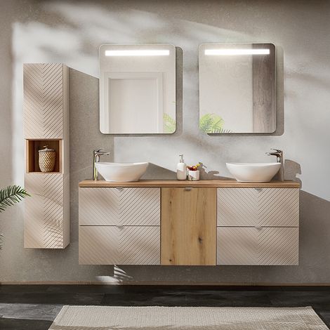 Set Doppelwaschtisch 160cm Wäschekorb LED-Spiegel und Säule Manoa Kaschmir und Holz