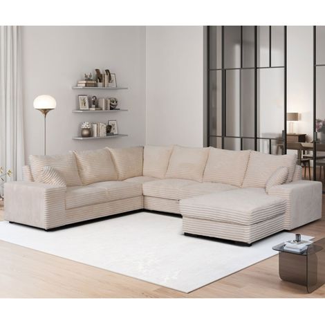 M&S – Canapé d'angle convertible 7 places en velours côtelé beige – Méridienne transformable – Dimensions 337x265/180x44 cm – Confort optimal pour grandes familles