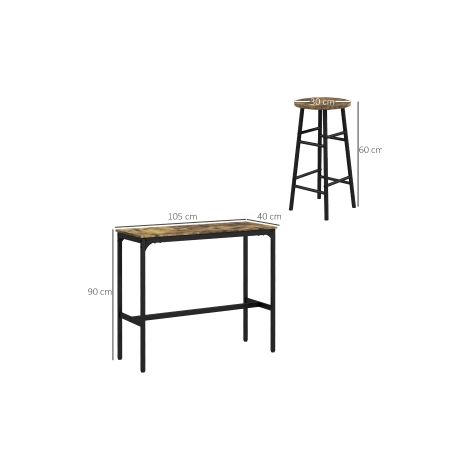Ensemble de bar marron rustique en acier avec table haute et 2 tabourets, style industriel (1/5)
