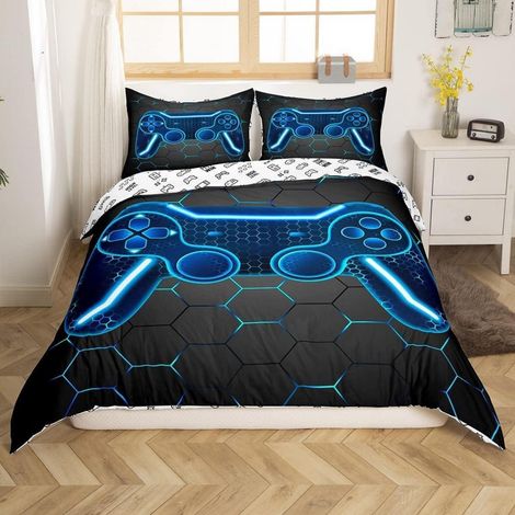 Gaming Bettwäsche 155x220cm Blau Schwarz Gamepad Design mit 1 Kissenbezug