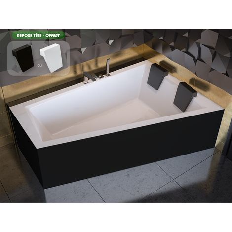 Otitec – Baignoire d'angle asymétrique 180x125cm en acrylique – Tablier noir et repose-tête inclus – Antidérapante et antibactérienne