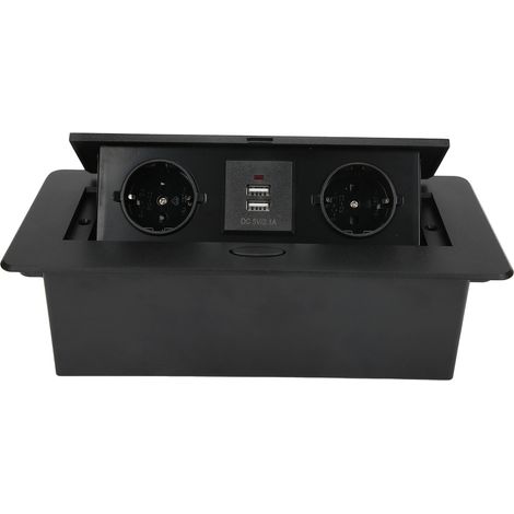Bloc multiprise escamotable à ouverture lente pour bureau multimédia, encastrable, AC250V 16A, double prise européenne et double port USB. (1/5)