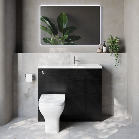Napoli 250 Nero Oak 1000mm 2 Door Vanity Unit Toilet Suite with Square Silvo Basin - 1000mm - Chrome 160mm HandleWith Kingston Toilet Pan and Seat