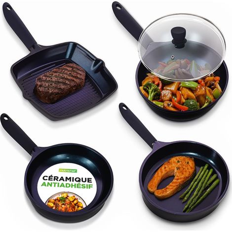Lot de 3 Poêles + 1 Wok Céramique Antiadhésif avec Couvercle en Verre – Compatible Toutes Plaques Dont Induction – Sans PTFE PFOA PFOS Résistant aux Taches Diamant Bleu (1/5)