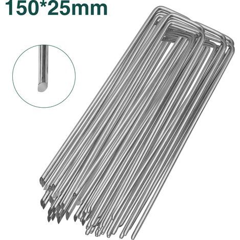 Lot de 100 piquets d'ancrage en U 150 mm en acier galvanisé, fixation pour bâches et gazon synthétique (1/5)