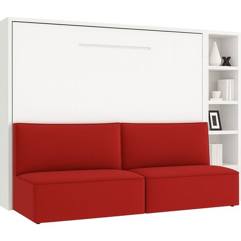 Lit escamotable horizontal LOGIA lit+canapé+étagère Rouge-160x200-Canapé Rouge-Structure Blanche-Version lit+canapé+étagère (1/5)
