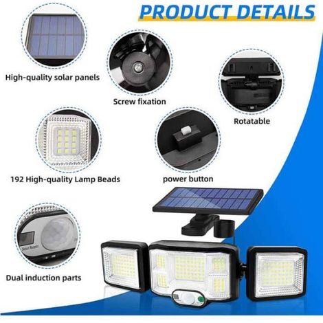 Solaire Lumiere Exterieur Applique Murale Luminaire LED 3 Têtes 192 LEDs Detecteur Mouvement Sécurité Projecteur Eclairage IP65 (1/4)