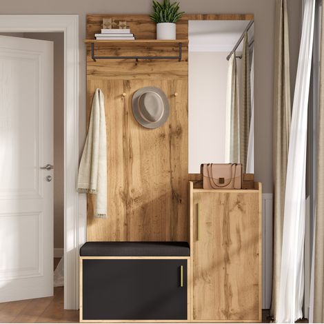 Mueble de entrada con espejo, banco, zapatero y ganchos, DESVIAE (1/5)