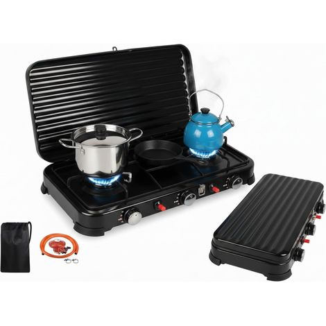 Portable Rechaud Gaz, Réchauds de camping 3 Feux 5.4KW, Rechaud Camping Gaz Auto Allumage Piézo, Réchauds de camping pour Extérieur avec Tuyaux 150 cm et Régulateur de 37 mbar (Noir) (1/5)