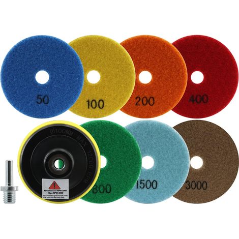 Disque Diamant de Polissage - 7 pièces 100mm (50-3000) Tampon Polissage avec M14 Filetage Adaptateur pour Granit Marbre Pierre Artificielle Quartz pour Meuleuse d'angle (1/5)